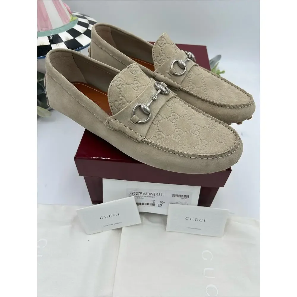 Men's Gucci suede oatmeal horse bit driver loafers size 10.5 fits 11 US